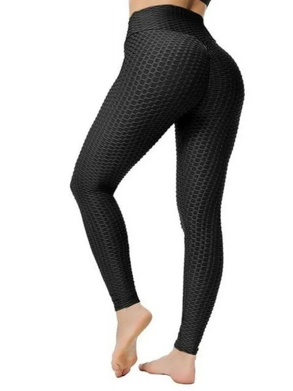 black textured women's high-waisted scrunch butt lifting yoga pants